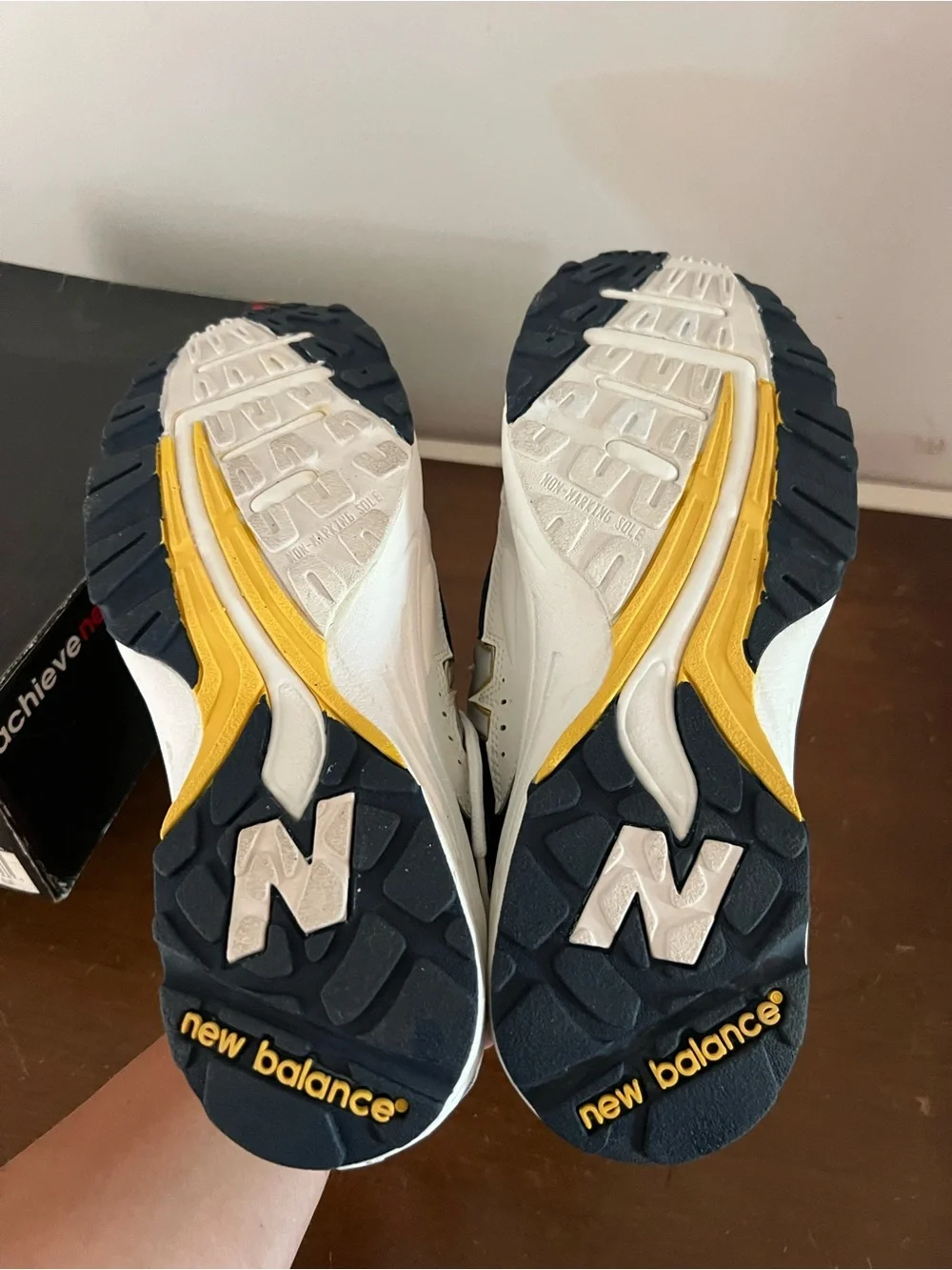 New Balance White Navy Athletic Sneakers with Yellow Accents